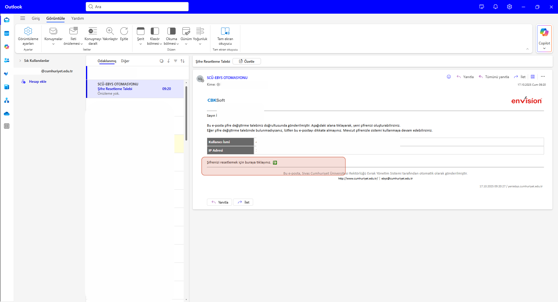 Kurumsal Mail Adresine Sıfırlama Linki Gönderimi